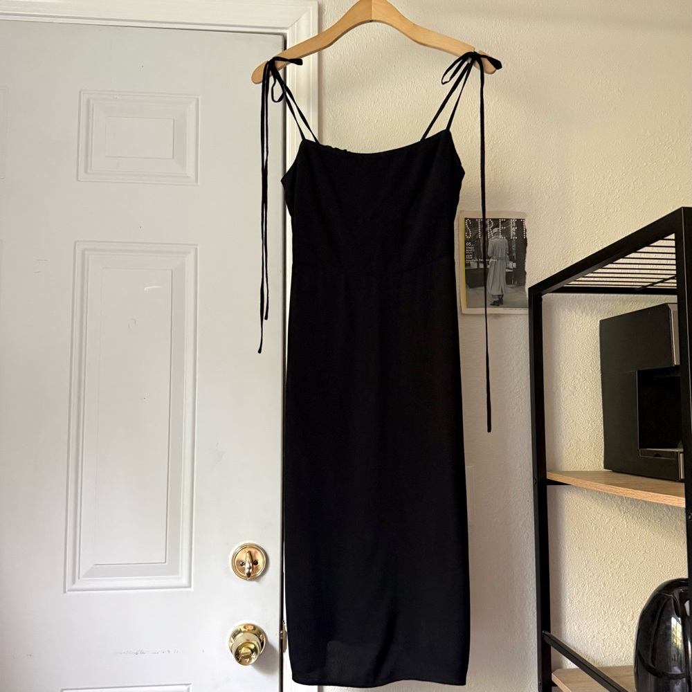 Reformation black viscose rayon smocked back spaghetti strap sleeveless midi
